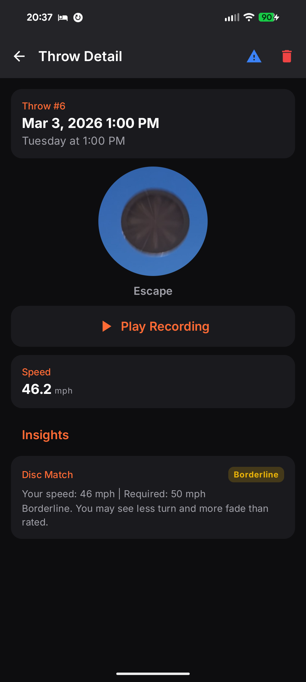 Insights screen showing personalized throw analysis
