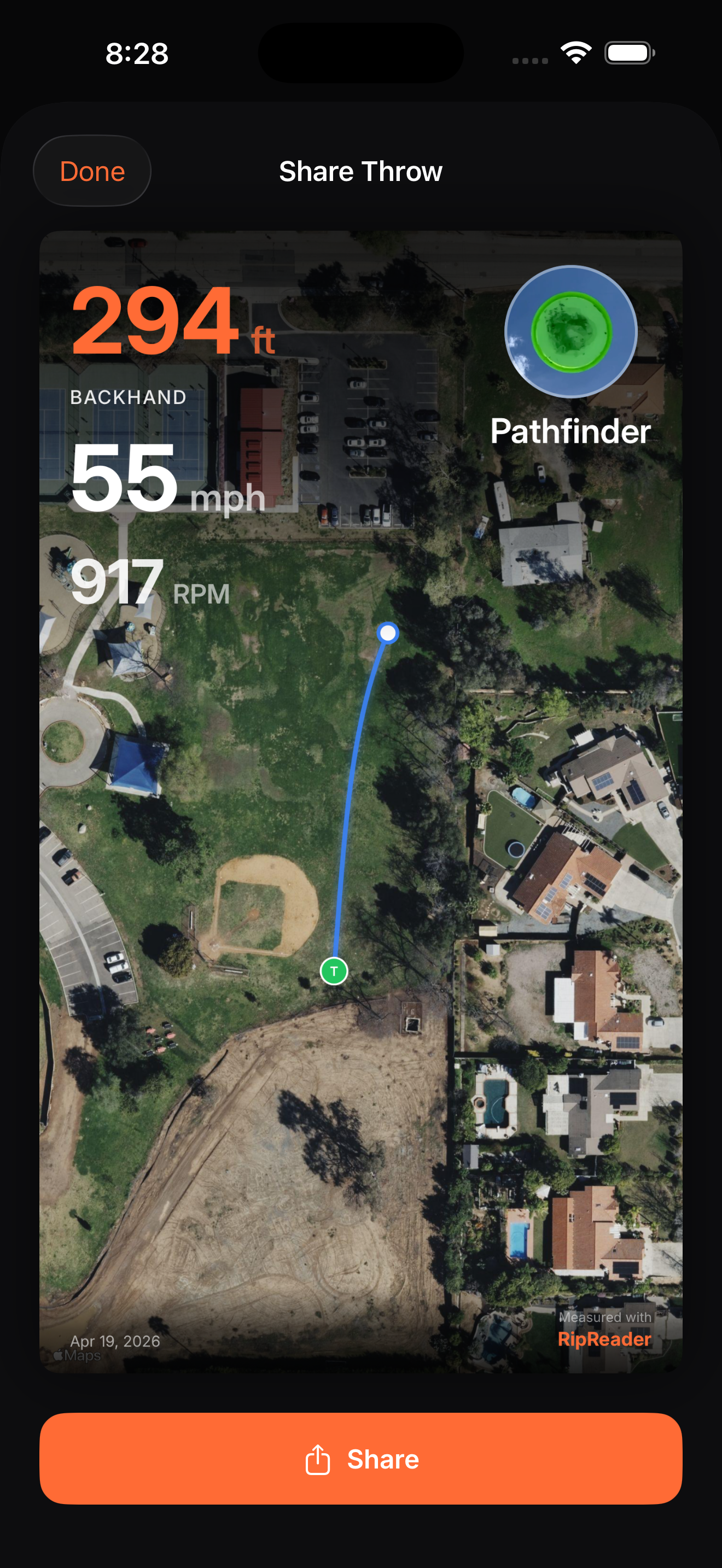 Shareable throw card showing distance, speed, and spin